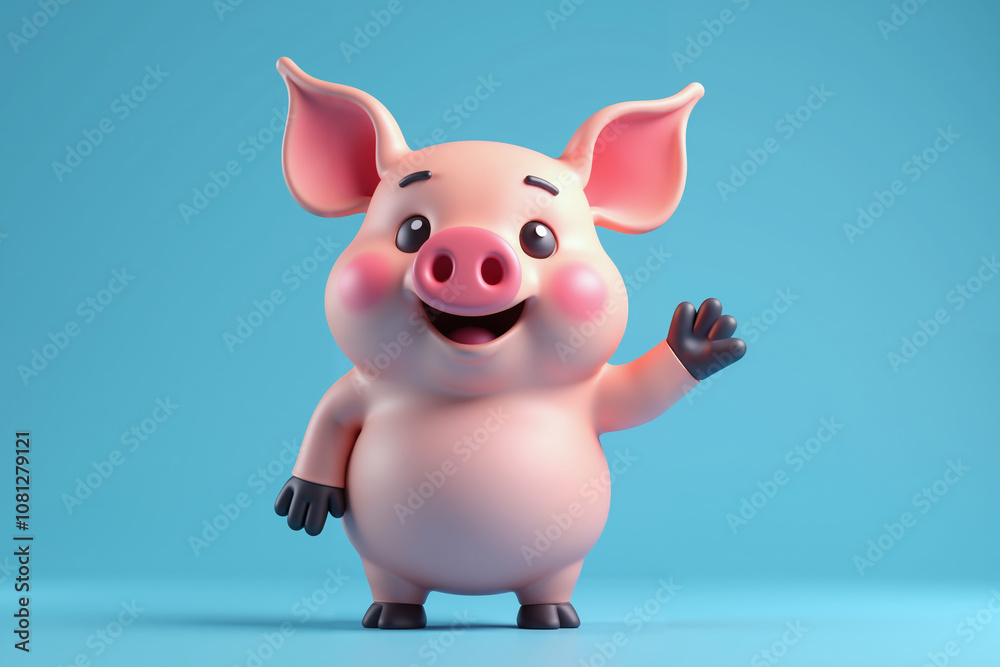 Fototapeta premium cute 3d cartoonish pig with a pink body, a large round nose, and expressive eyes. The pig has a joyful expression,