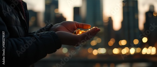 Hands cradle sparkling fairy lights against a backdrop of a blurred city skyline, symbolizing hope, warmth, and the magic found in everyday moments.
