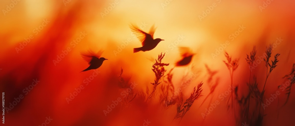 Silhouettes of birds flutter gracefully across a vivid, fiery sunset sky, creating an ethereal and mesmerizing scene in nature's theater. Silhouettes of birds flutter gracefully across a vivid, fiery sunset sky, creating an ethereal and mesmerizing scene in nature's theater.