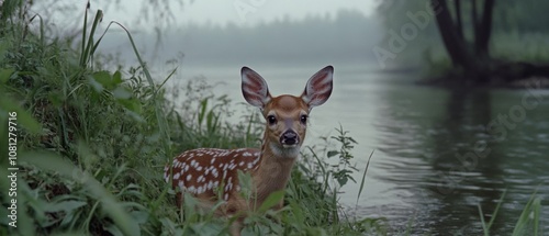 A young deer stands softly by a misty riverbank, its curious eyes set against a lush, tranquil landscape shrouded in early morning haze. photo