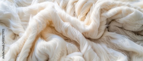 Close-up of luxurious, soft white fur, artistically arranged in swirls, depicting warmth and comfort with its rich texture and organic flow.