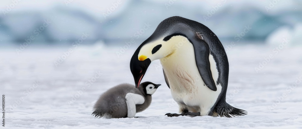 Fototapeta premium A tender scene of a penguin parent and chick nestled in snowy surroundings, showcasing the beauty of family in the wild.