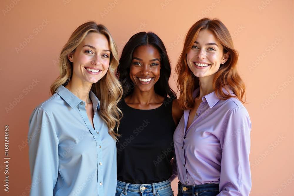 three women with diverse skin tones and hair colors, standing against a solid peach background three women with diverse skin tones and hair colors, standing against a solid peach background