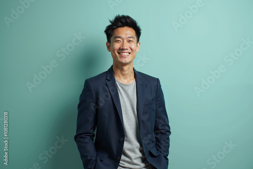 young Asian man with a medium build and a friendly smile. The background is a solid, light teal