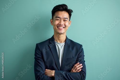 young Asian man with a medium build and a friendly smile. The background is a solid, light teal