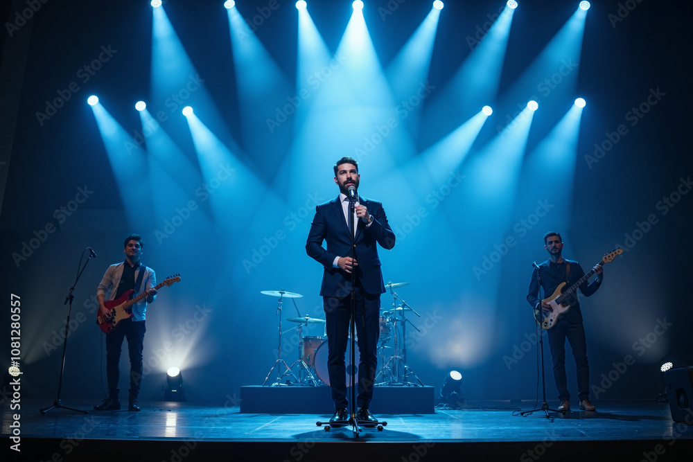 live concert featuring a man in a dark suit, standing at the center microphone, the bright blue spotlights. live concert featuring a man in a dark suit, standing at the center microphone, the bright blue spotlights.