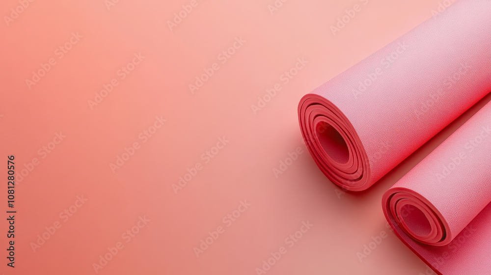 Two rolled yoga mats in shades of pink and coral resting on a soft pastel background, representing wellness, fitness, and tranquility for a healthy lifestyle.