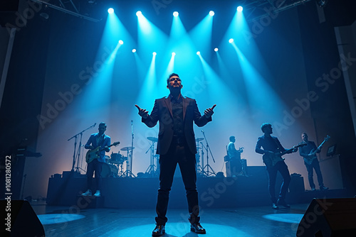 live concert featuring a man in a dark suit, standing at the center microphone, the bright blue spotlights.