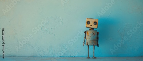 A small, charming robot with a rusty, vintage appearance stands against a pastel blue wall, exuding a quirky blend of nostalgia and whimsy. photo