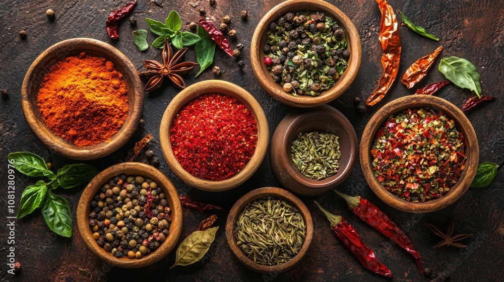 Variety of colorful spices and herbs in wooden bowls Variety of colorful spices and herbs in wooden bowls