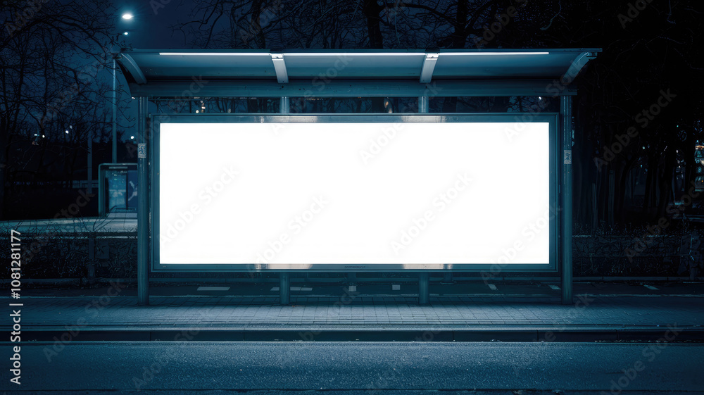 A large white billboard sits empty on a city street at night. The billboard is illuminated by street lights, creating a stark contrast between the bright white sign and the dark surroundings A large white billboard sits empty on a city street at night. The billboard is illuminated by street lights, creating a stark contrast between the bright white sign and the dark surroundings
