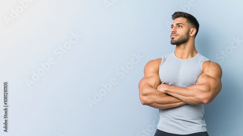 Confident Young Man with Toned Muscles Posing in a Light Blue Background, Showcasing Strength and Self-Assurance, Ideal for Fitness and Lifestyle Themes