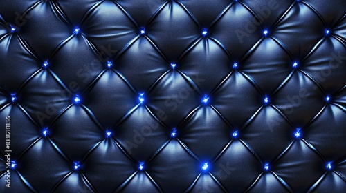 Elegant black leather background with intricate button tufting and vibrant blue LED lights creating a luxurious and modern aesthetic for interior design projects