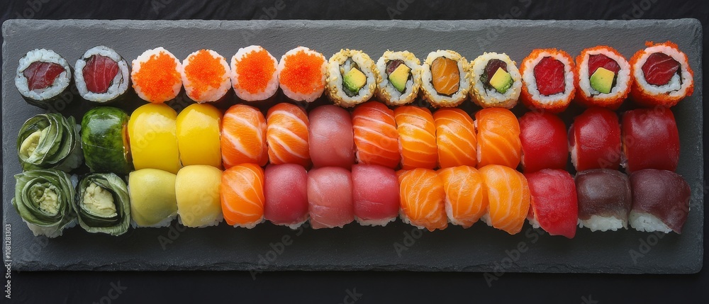A vibrant assortment of sushi beautifully arranged in a colorful row on a black slate, showcasing a variety of textures and flavors. A vibrant assortment of sushi beautifully arranged in a colorful row on a black slate, showcasing a variety of textures and flavors.