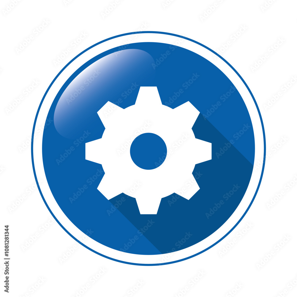 Gear icon on blue 3D button isolated on transparent or white background, vector illustration.
