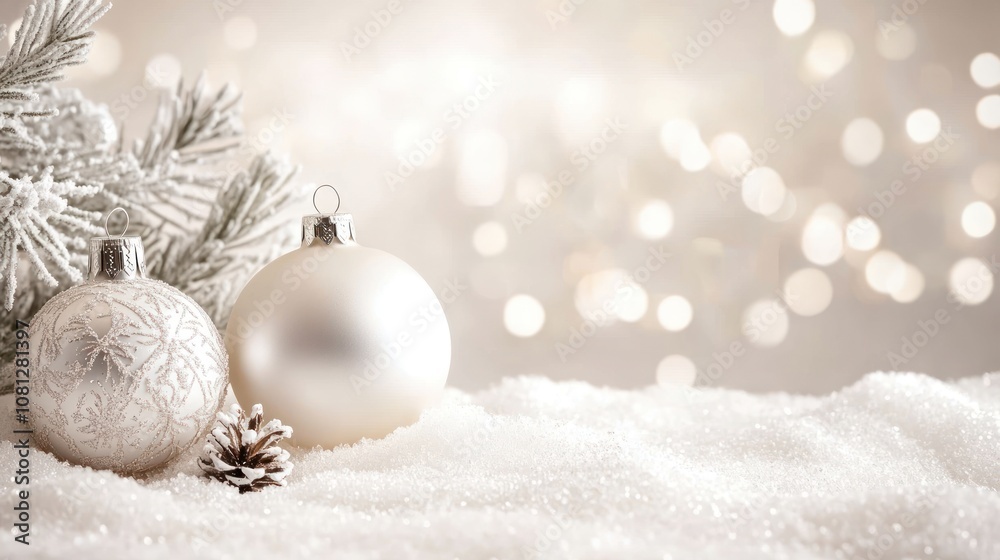 Festive scene with ornaments, pinecone, and snowy background. Festive scene with ornaments, pinecone, and snowy background.