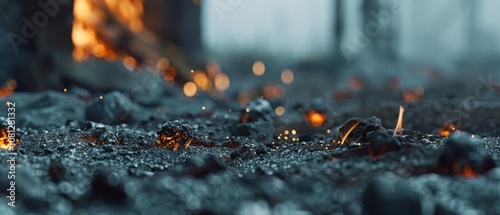 Charred embers and glowing sparks litter a smoldering landscape, evoking a sense of destruction and aftermath in a fiery scene. photo