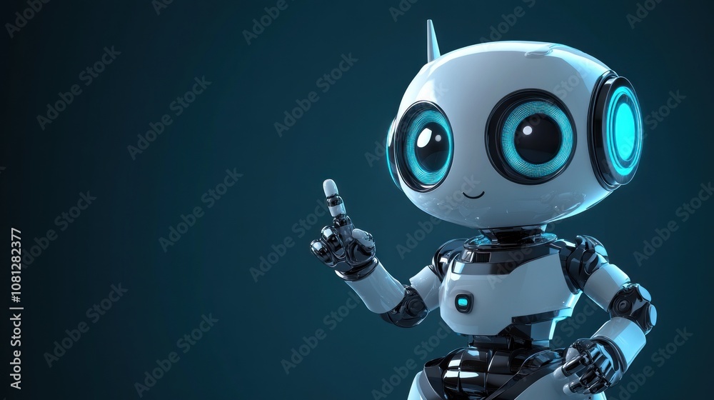 A friendly robot character with large eyes, gesturing with one finger. A friendly robot character with large eyes, gesturing with one finger.
