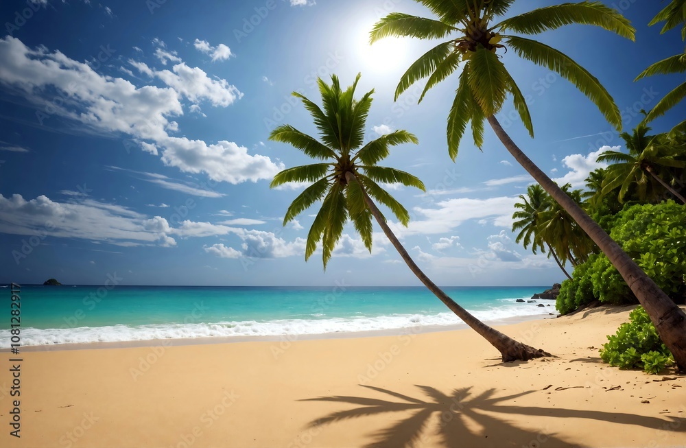 Obraz premium Tropical paradise with palm trees on the beach.