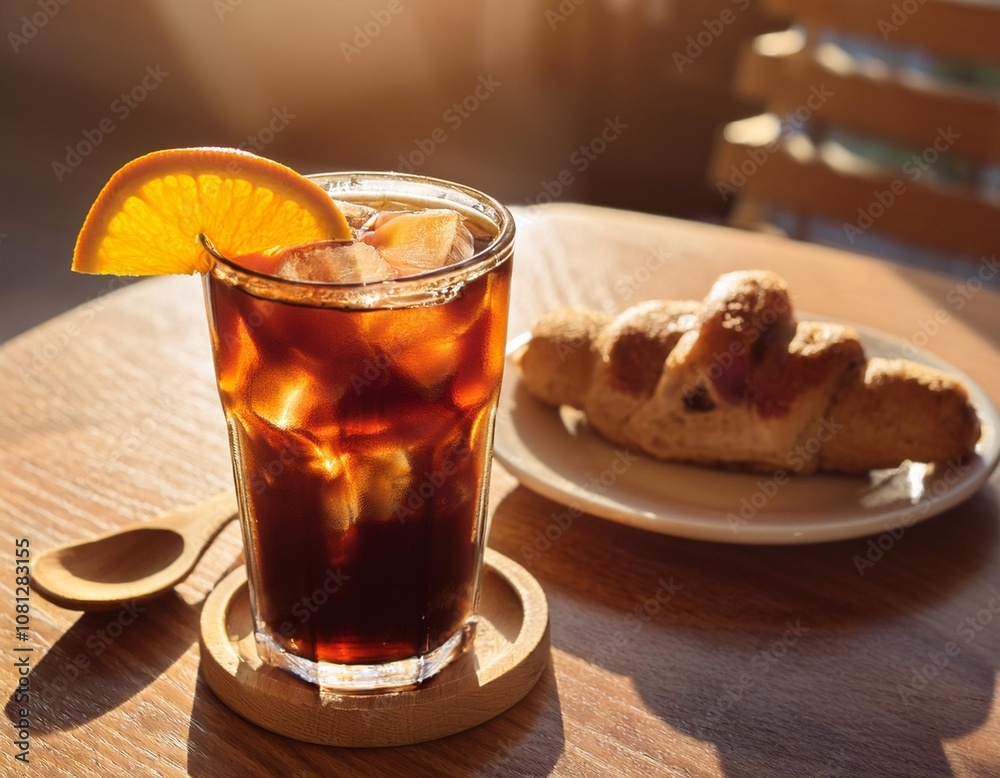 Refreshing Cold Brew Coffee Served in a Glass With Ice Cubes and a Slice of Orange, Presented on a Cafe Table Beside a Pastry and a Wooden Spoon