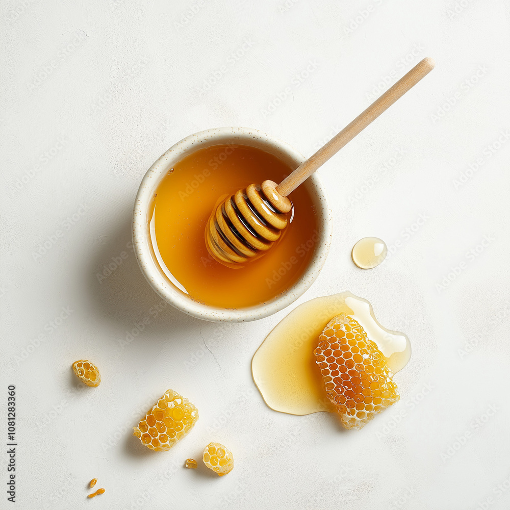 Acacia Honey with Drizzler and Honeycomb on White Background Acacia Honey with Drizzler and Honeycomb on White Background