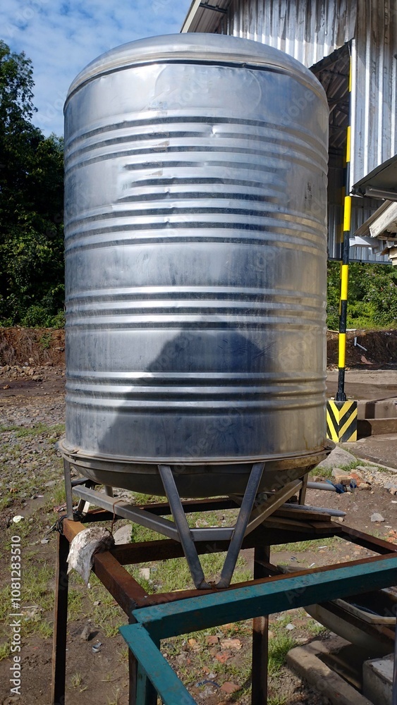 A aluminium water tank stands beside a building, designed for water storage and typically used industrial or residential areas. A aluminium water tank stands beside a building, designed for water storage and typically used industrial or residential areas.