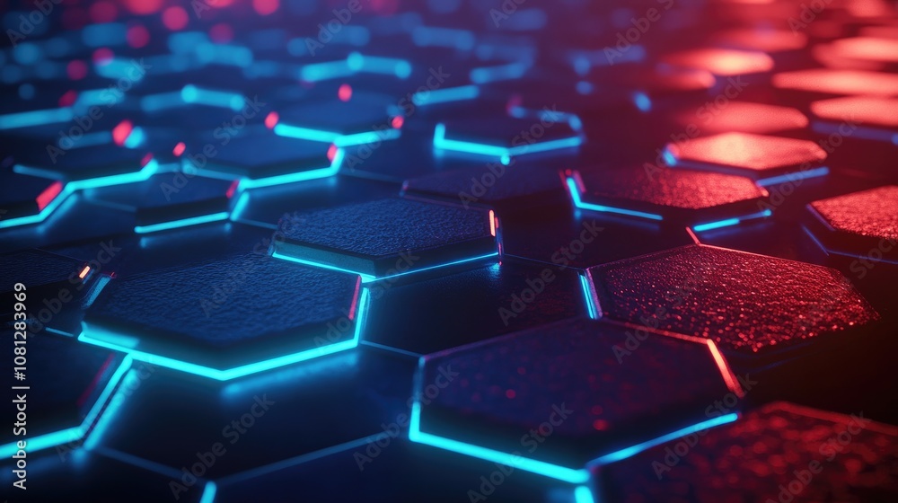 Fototapeta premium Abstract Hexagonal Pattern with Neon Lights Featuring a Futuristic Blue and Red Glow on a Textured Surface, Ideal for Technology and Science Projects