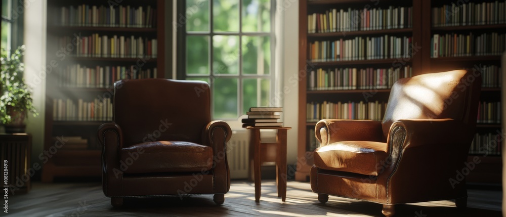 Two leather chairs sit invitingly in a sunlit library with bookshelves lining the walls, creating a cozy, tranquil reading space. Two leather chairs sit invitingly in a sunlit library with bookshelves lining the walls, creating a cozy, tranquil reading space.