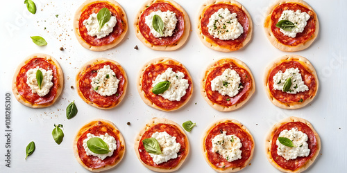 Mini pizzas on pita bread with cottage cheese and salami on white background . illustration