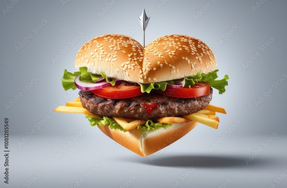 A heart-shaped burger with a sesame seed bun, lettuce, tomato, onion, and meat patty, secured with a decorative skewer and surrounded by French fries, floating against a light background A heart-shaped burger with a sesame seed bun, lettuce, tomato, onion, and meat patty, secured with a decorative skewer and surrounded by French fries, floating against a light background
