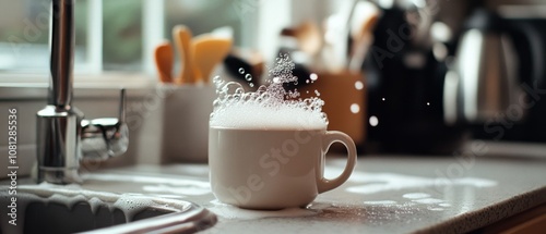 A kitchen sink brims with soapy water overflows as an overzealous mug creates a whimsical splash, embodying the whims of everyday life at home. photo