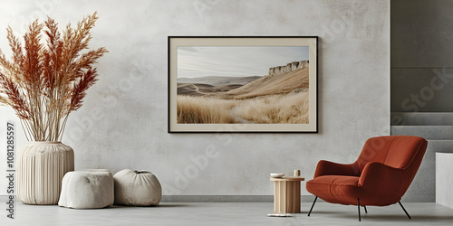 Minimalist wall with mockup landscape frame, furniture, and dried plant decor . 4k image