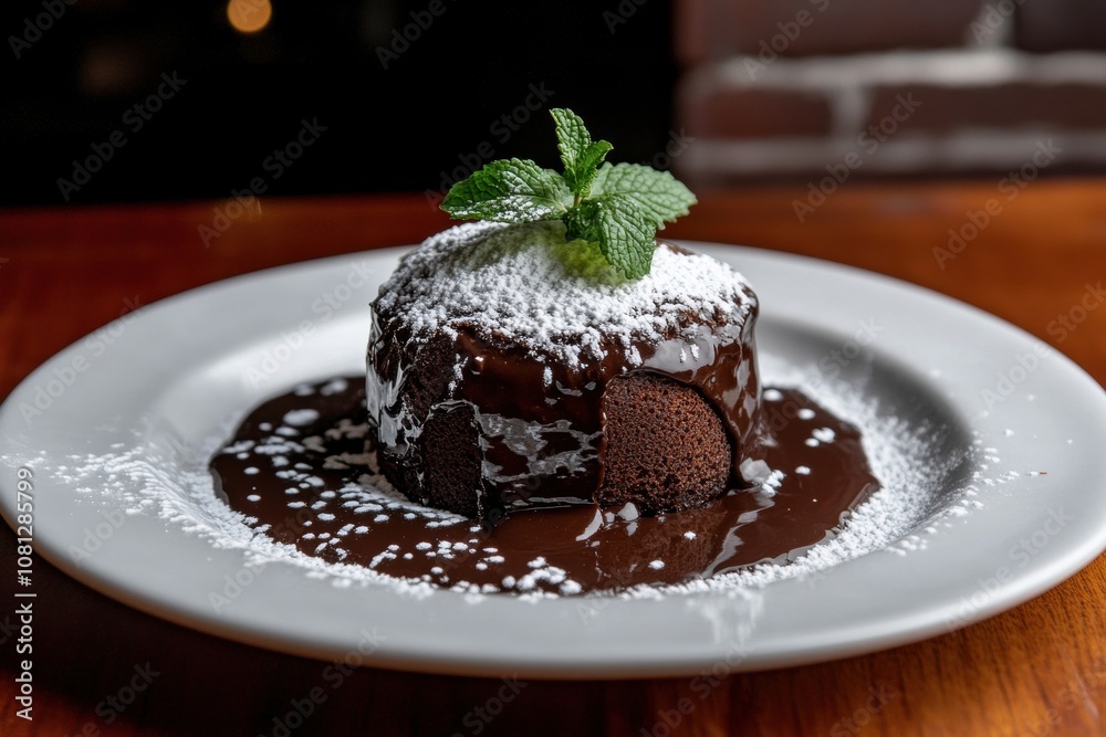 Decadent Chocolate Lava Cake with Molten Center, Garnished with Mint and Powdered Sugar Decadent Chocolate Lava Cake with Molten Center, Garnished with Mint and Powdered Sugar