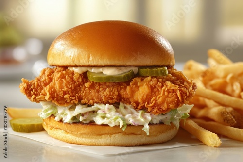 Crispy Fried Chicken Burger with Coleslaw and Pickles on Brioche Burger Bun, Served with Fries