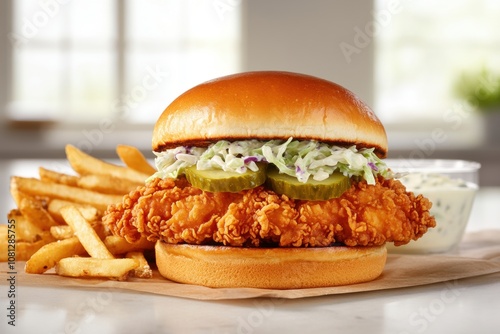 Crispy Fried Chicken Burger with Coleslaw and Pickles on Brioche Burger Bun, Served with Fries