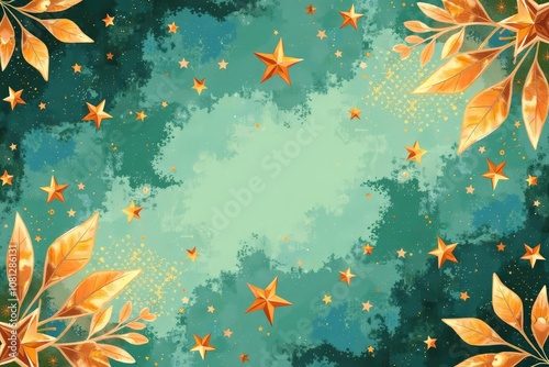 Magical starry sky with golden leaves and stars