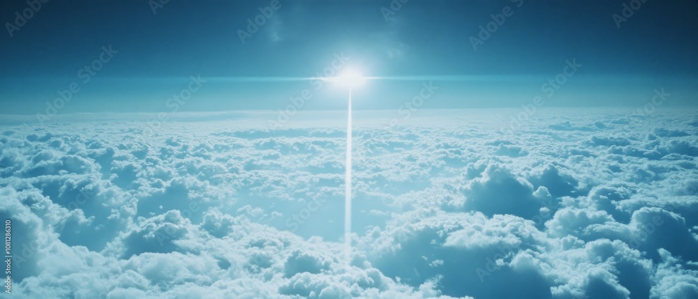 Naklejka premium A breathtaking view from above, where the sun bursts through endless clouds, portraying hope and infinite possibilities in an azure expanse.