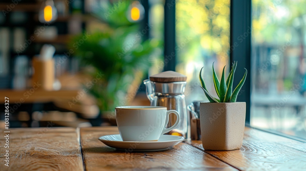 Fototapeta premium Cozy coffee cup and plant in a modern cafe interior