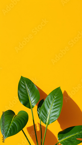 Empty monstera shadow texture pattern cement on yellow, orange wall background. Summer tropical minimal concept. Used for online shop presentation business nature organic cosmetic products, masterpi photo