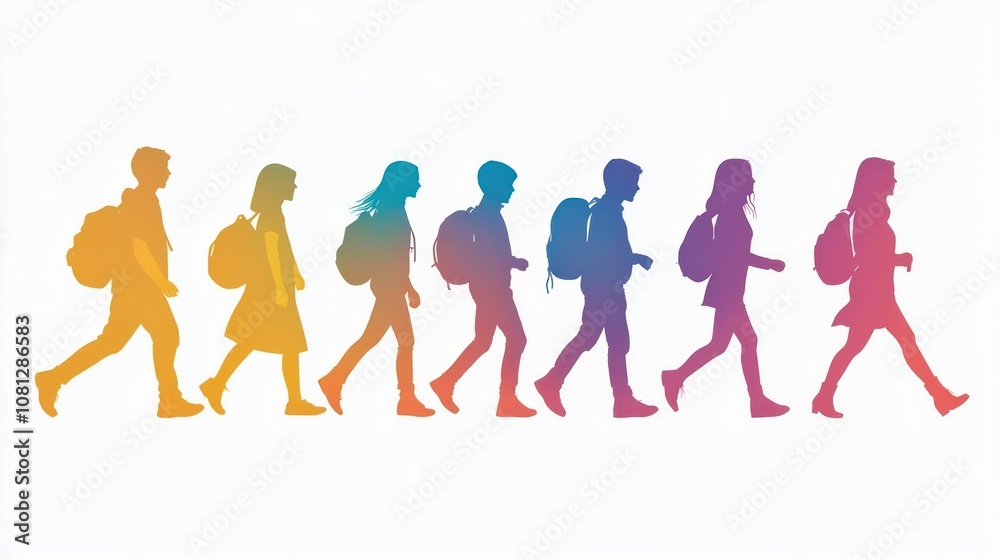 Silhouettes of diverse individuals walking in a gradient of colors. Silhouettes of diverse individuals walking in a gradient of colors.