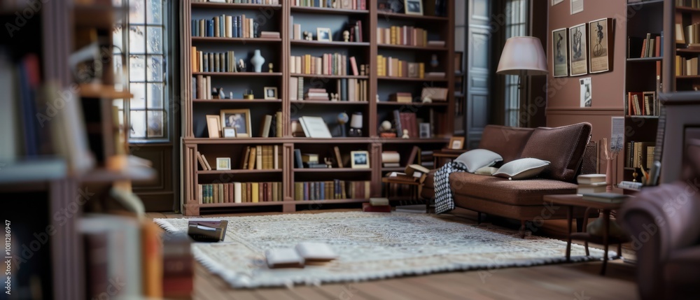 A cozy, sunlit library corner featuring shelves brimming with books, a plush leather sofa, and warm tones exuding comfort and knowledge. A cozy, sunlit library corner featuring shelves brimming with books, a plush leather sofa, and warm tones exuding comfort and knowledge.