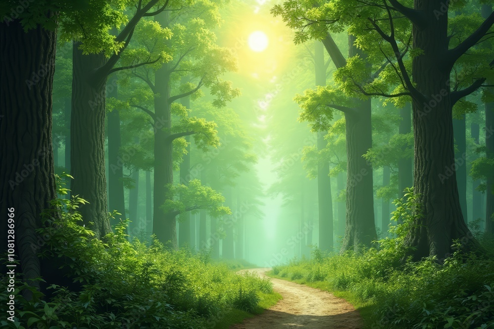 Obraz premium Misty sunlit forest path through lush green trees