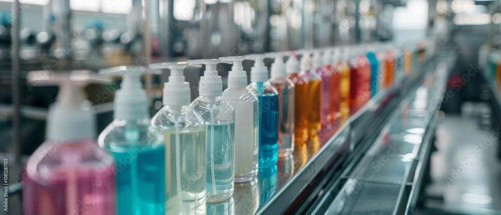 A vibrant processing line of multicolored soap dispensers in a factory, symbolizing industry and cleanliness in a modern manufacturing setting. A vibrant processing line of multicolored soap dispensers in a factory, symbolizing industry and cleanliness in a modern manufacturing setting.
