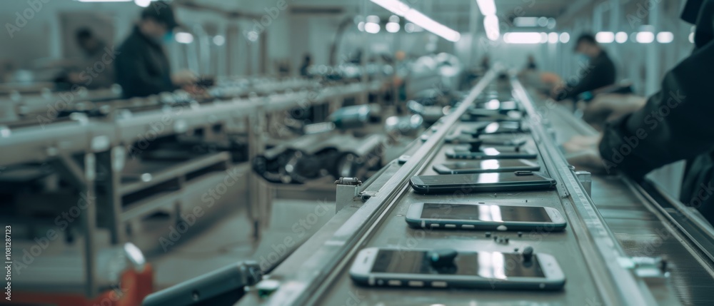 A high-tech assembly line producing smartphones showcases industry precision and the efficiency of modern technology in action. A high-tech assembly line producing smartphones showcases industry precision and the efficiency of modern technology in action.