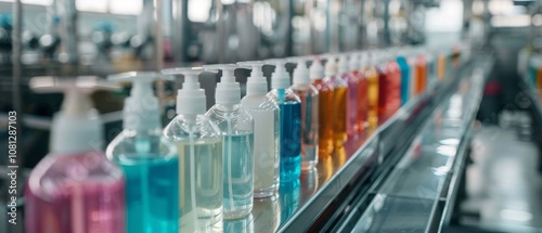 A vibrant processing line of multicolored soap dispensers in a factory, symbolizing industry and cleanliness in a modern manufacturing setting.