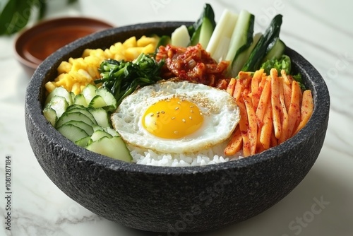 Korean Bibimbap Bowl with Rice, Assorted Vegetables, Fried Egg, and Spicy Gochujang Sauce, Served in a Traditional Stone Bowl for Authentic Flavor