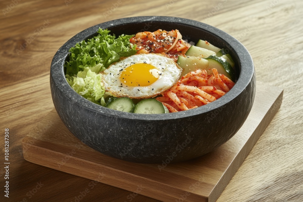 Korean Bibimbap Bowl with Rice, Assorted Vegetables, Fried Egg, and Spicy Gochujang Sauce, Served in a Traditional Stone Bowl for Authentic Flavor Korean Bibimbap Bowl with Rice, Assorted Vegetables, Fried Egg, and Spicy Gochujang Sauce, Served in a Traditional Stone Bowl for Authentic Flavor