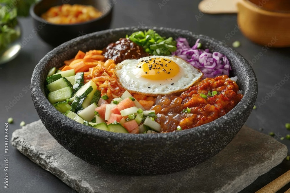 Korean Bibimbap Bowl with Rice, Assorted Vegetables, Fried Egg, and Spicy Gochujang Sauce, Served in a Traditional Stone Bowl for Authentic Flavor Korean Bibimbap Bowl with Rice, Assorted Vegetables, Fried Egg, and Spicy Gochujang Sauce, Served in a Traditional Stone Bowl for Authentic Flavor