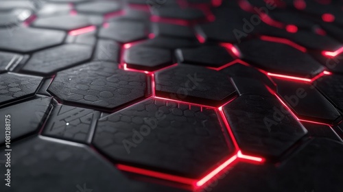 Dark and Futuristic Hexagonal Pattern with Glowing Red Lights  Perfect for Technology and Sci-Fi Themes on Stock Photo Platforms