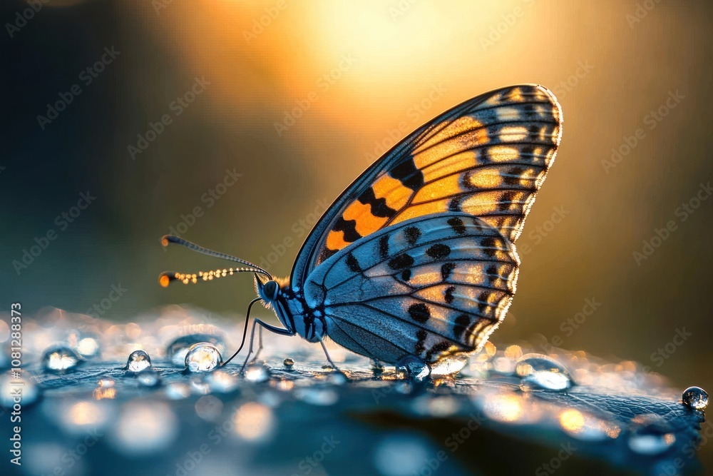 Obraz premium A close-up of a butterfly with orange and black markings on its wings, perched on a leaf covered in dew drops. The butterfly is illuminated by the warm glow of the setting sun.